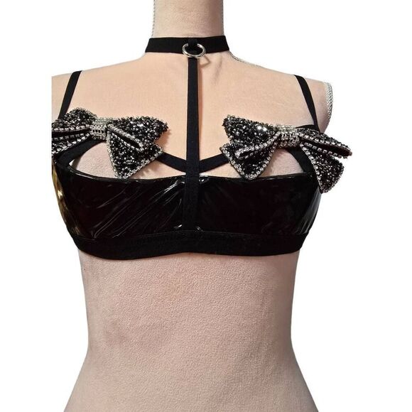 Starline Strappy PVC Caged Shelf Bra with Rhinestone Bows - Picture 5 of 5
